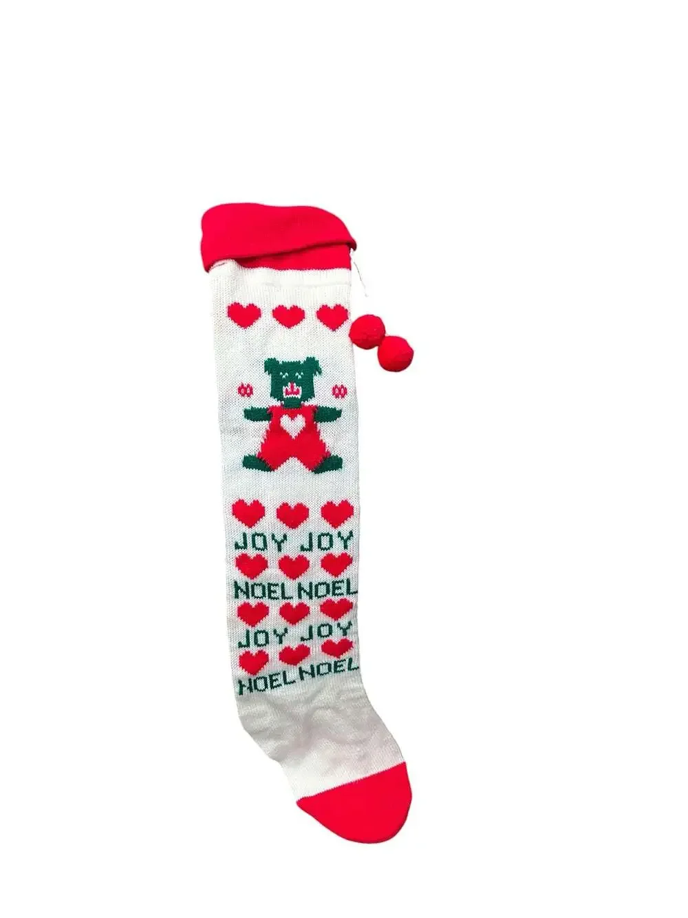 Vintage Knit Christmas Stocking Red and White with Teddy Bear Joy Noel Hearts an